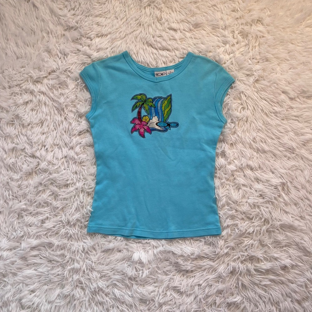 y2k ocean pacific blue tropical sparkle graphic cap sleeve baby tee large